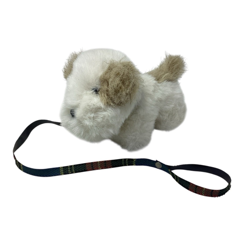Ajena France Fluffy White Puppy Dog Plush On Leash 7.5"